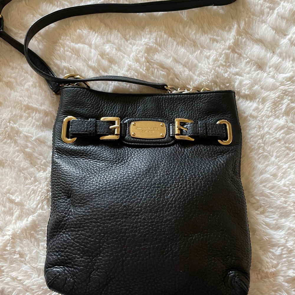 Michael Kors Black Pebbled Leather Crossbody with Gold Accents